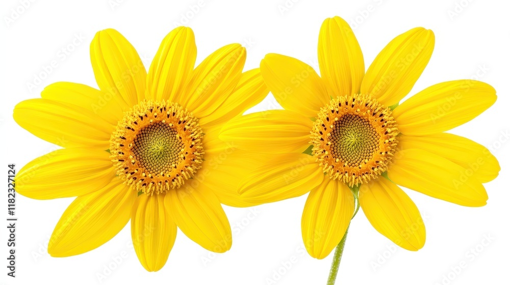 Fototapeta premium Two vibrant yellow daisy-like flowers isolated on white. Perfect for nature-themed designs or adding a touch of sunshine.