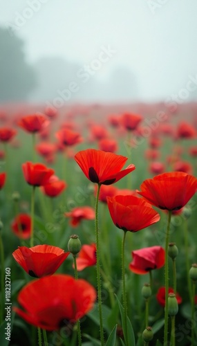 Red poppies in a field with a foggy background, red, field, flowers