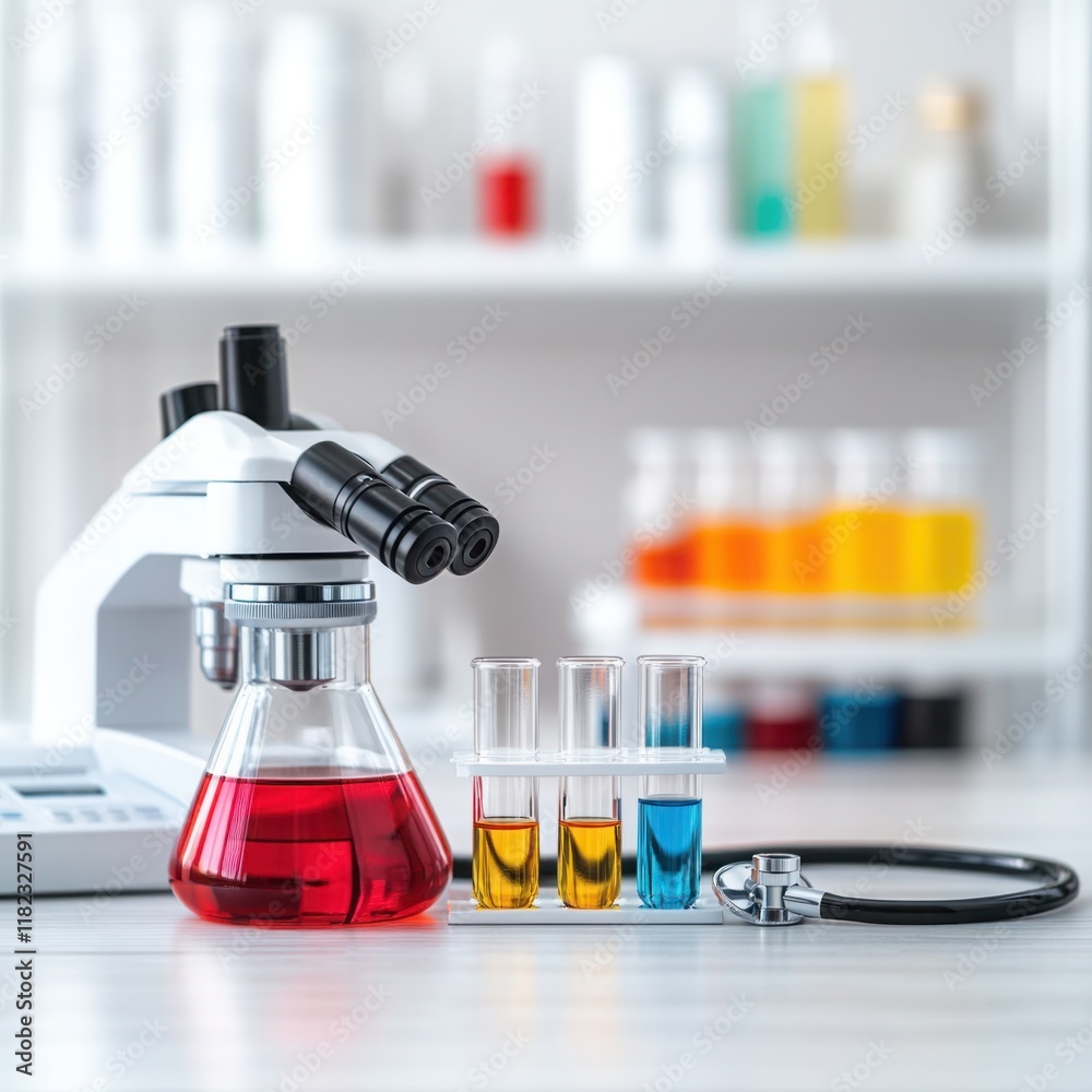 Laboratory equipment featuring a microscope, test tubes with colorful liquids, a flask, and a stethoscope on a bright countertop in a modern science facility Laboratory equipment featuring a microscope, test tubes with colorful liquids, a flask, and a stethoscope on a bright countertop in a modern science facility