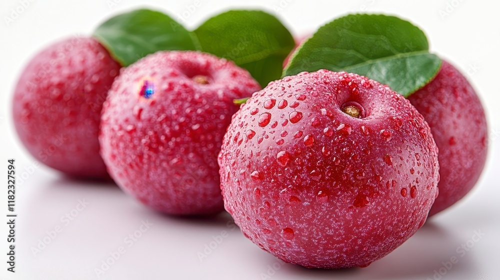 Fresh red plums with water droplets and green leaves on white background. Fresh red plums with water droplets and green leaves on white background.