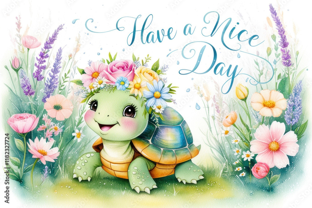 Naklejka premium hand drawn watercolor art featuring a cheerful turtle wearing a floral wreath, with vibrant flowers and text 