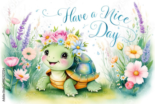 hand drawn watercolor art featuring a cheerful turtle wearing a floral wreath, with vibrant flowers and text 