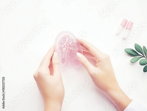 Hands Holding a Pink Silicone Facial Tool Near Cosmetic Vials and Green Leaves on a Light Background for Skincare and Beauty Rituals photo