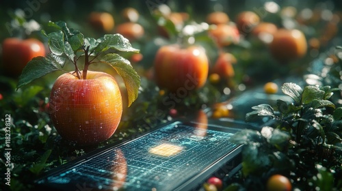 Futuristic Digital Orchard with Smart Planning. Generative AI photo