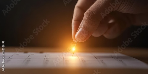 Hand Pinpoints Date on a Calendar with Soft Glow