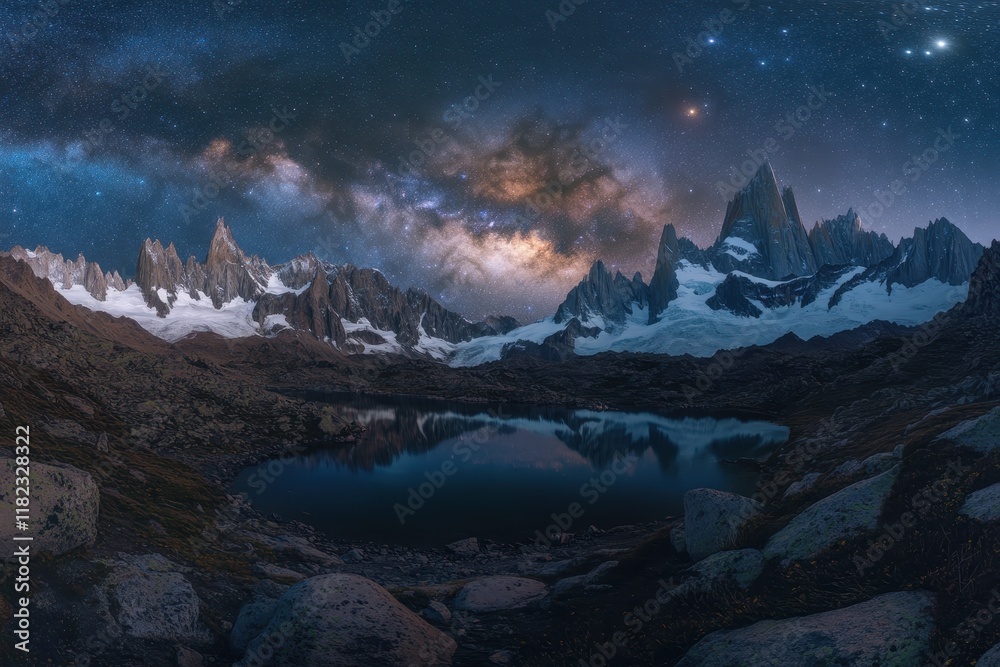 Obraz premium Night sky over the majestic mountains with a reflecting lake in the foreground and stars illuminating the scene