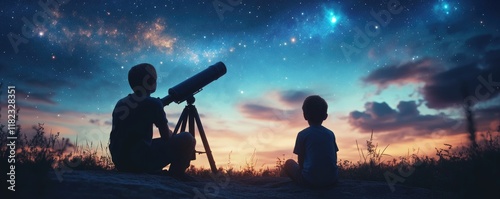 Children Stargazing Under a Night Sky Filled With Stars and Wonder