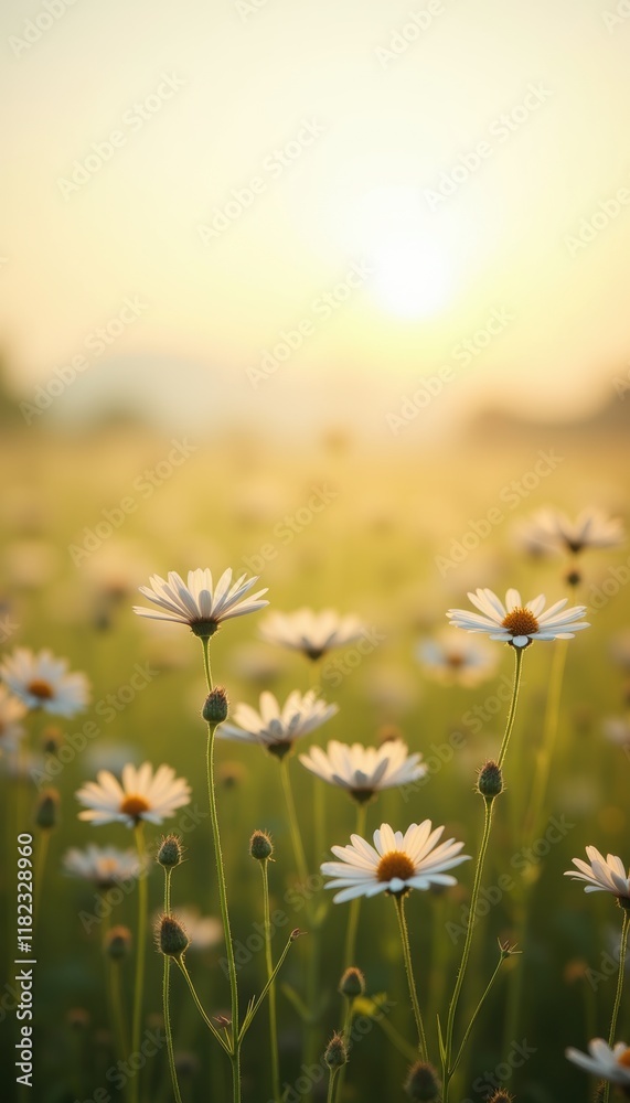Fototapeta premium A serene field of daisies bathed in warm sunlight, perfect for evoking feelings of peace and harmony in nature-themed projects.