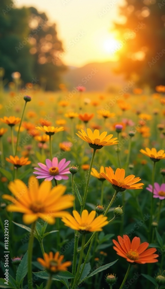 Obraz premium Soft morning light falls on a field of blooming wildflowers, sunrise, meadow, yellow