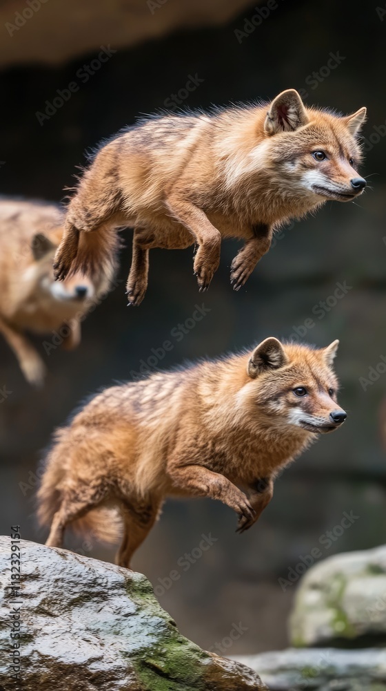 Two fox-like animals leaping off a rock in a natural setting. Two fox-like animals leaping off a rock in a natural setting.