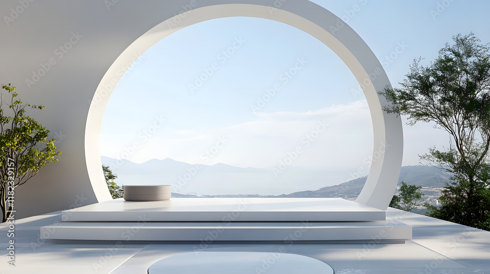 3D White Podium Stand with Circular Glass Backdrop on Blue Sky for Modern Interior Product Display Mockup.