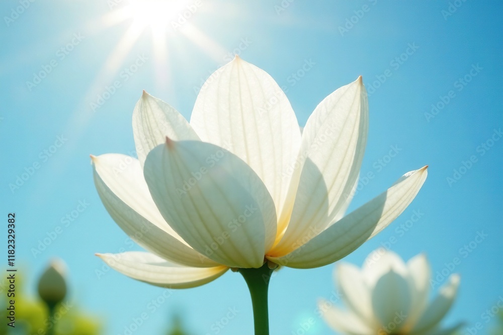 Soft white petals unfold in the gentle morning dew, blue sky, sunlight Soft white petals unfold in the gentle morning dew, blue sky, sunlight