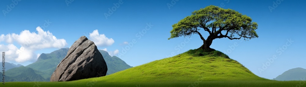 Serene Landscape: A solitary tree stands tall on a grassy knoll, its branches reaching towards a clear blue sky. A large boulder rests nearby, grounding the scene and adding a sense of tranquility. Serene Landscape: A solitary tree stands tall on a grassy knoll, its branches reaching towards a clear blue sky. A large boulder rests nearby, grounding the scene and adding a sense of tranquility.