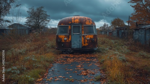 Rusty Vintage Caravan in Overgrown Autumn Field. Generative AI photo