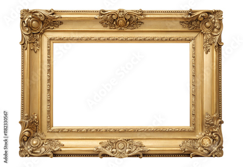 Ornate Gold Picture Frame Isolated On Transparent  Background - A detailed gold frame with intricate decorative carvings, featuring a blank white center, perfect for art or photography display.
