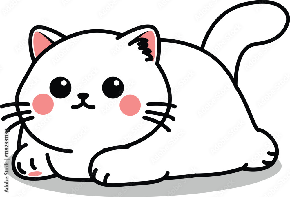 Cute munchkin cat white color lying down cartoon, vector illustration Cute munchkin cat white color lying down cartoon, vector illustration