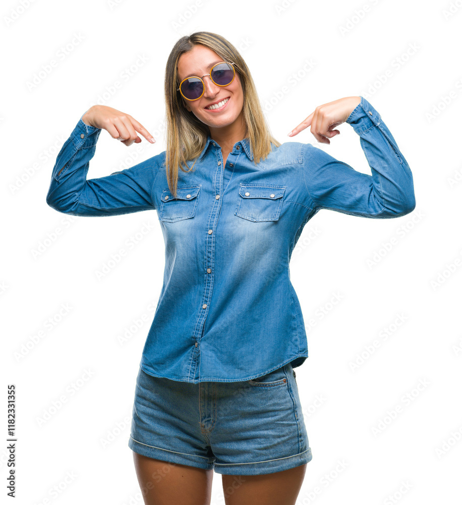 Young beautiful woman wearing sunglasses over isolated background looking confident with smile on face, pointing oneself with fingers proud and happy. Young beautiful woman wearing sunglasses over isolated background looking confident with smile on face, pointing oneself with fingers proud and happy.
