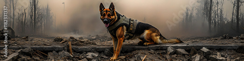 Military working dog wearing uniform and bulletproof vest. Rescue dog looking for injured people in ruins after war or earthquake. Police, guard, security dogs profession. K9 Veterans Day photo