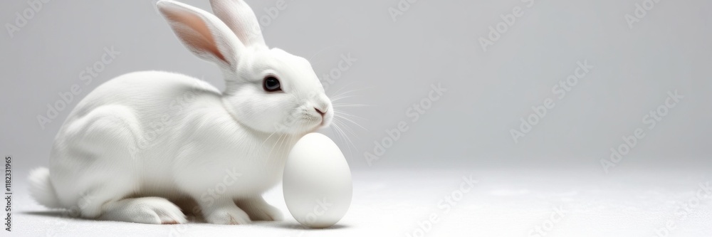 Obraz premium White rabbit and white egg. Copy space for text Easter banner
