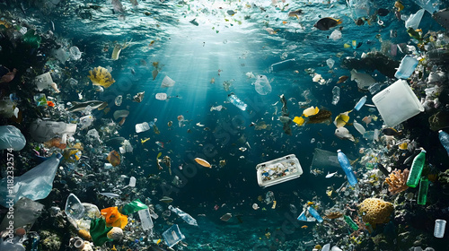 Fototapeta Naklejka Na Ścianę i Meble -  Surreal ocean scene with plastic waste and coral reef underwater