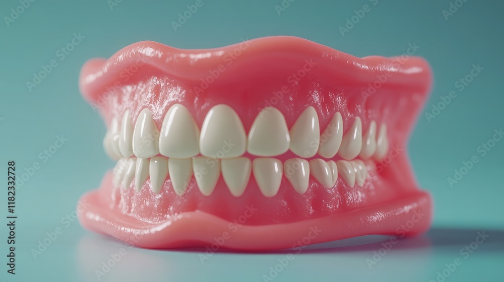 Obraz premium A detailed close-up of upper and lower dentures displayed side by side on a blue background