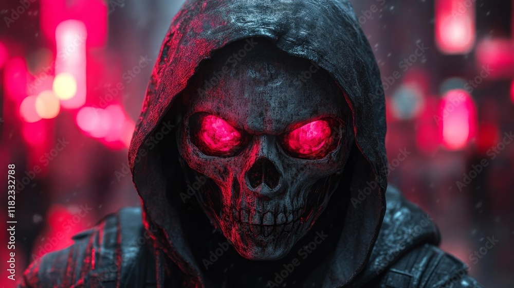 Cyberpunk Hacker with Skull Mask in Neon Lights. Generative AI Cyberpunk Hacker with Skull Mask in Neon Lights. Generative AI