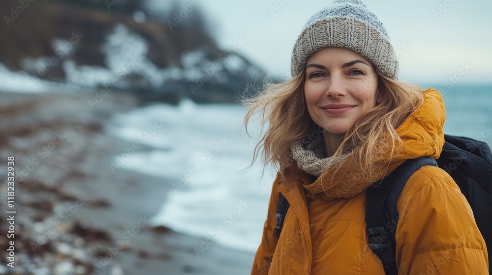 Smiling Middle-Aged Woman on a Beach Walk Embracing Change and Renewal Smiling Middle-Aged Woman on a Beach Walk Embracing Change and Renewal