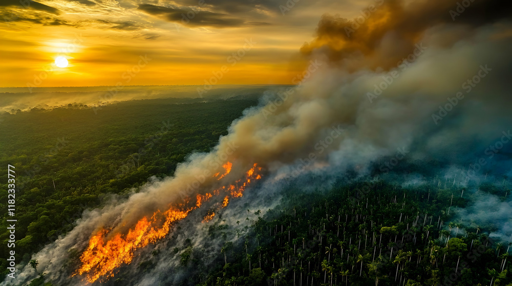 Aerial view of Amazon rainforest with fire and smoke in sky Aerial view of Amazon rainforest with fire and smoke in sky