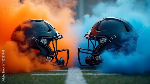 Two Football Helmets Facing Each Other with Colorful Smoke Effect photo