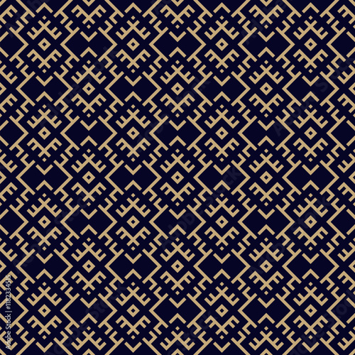 Vector seamless pattern in ethnic style. Traditional folk ornament. Abstract gold and black texture. Simple golden background with tribal motif, geometric elements. Repeating design for decor, print
