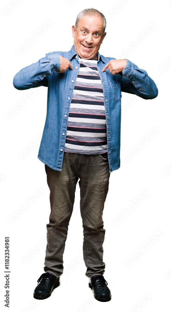 Fototapeta premium Handsome senior man wearing denim jacket looking confident with smile on face, pointing oneself with fingers proud and happy.