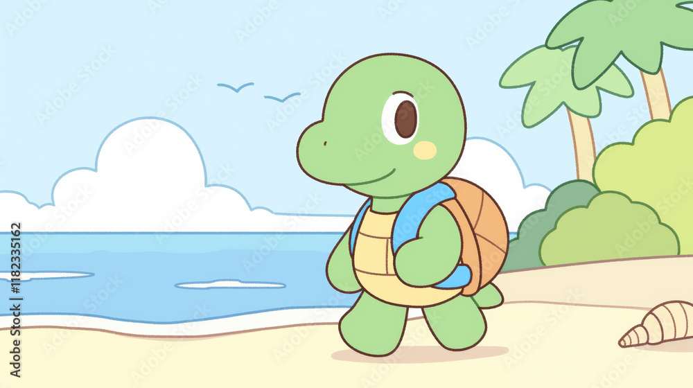 Obraz premium turtle with backpack walking on beach, enjoying sunny day