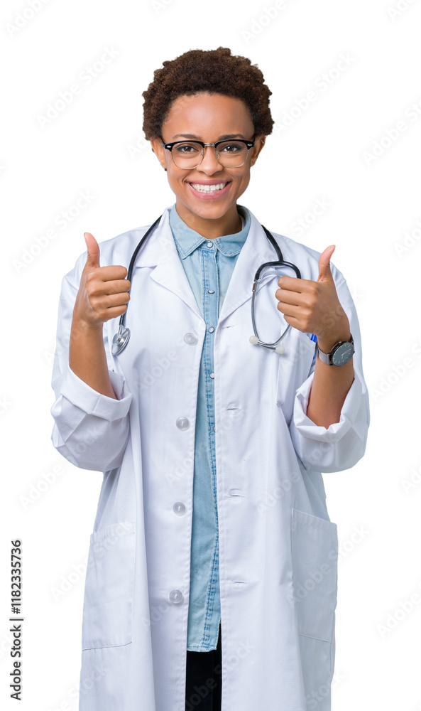 Young african american doctor woman wearing medical coat over isolated background success sign doing positive gesture with hand, thumbs up smiling and happy. Looking at the camera. Young african american doctor woman wearing medical coat over isolated background success sign doing positive gesture with hand, thumbs up smiling and happy. Looking at the camera.