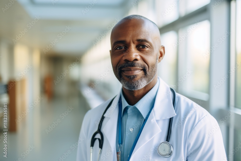 Smiling portrait of a middle aged African American male doctor in hospital Smiling portrait of a middle aged African American male doctor in hospital