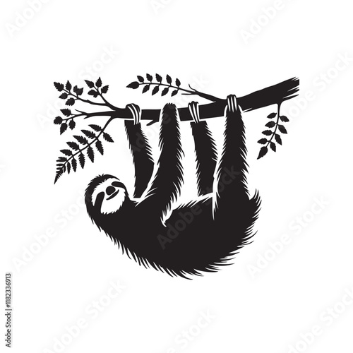 Sloth hanging from a branch silhouette vector art  black color design and solid white background 