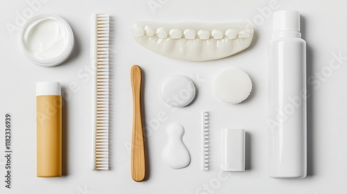 A simple arrangement of dentures, cleaning brush, and adhesive cream on a white background photo