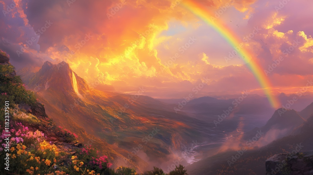 Obraz premium The lush valley is framed by a radiant rainbow under a fiery sunset, while dark storm clouds linger on the horizon, creating a striking contrast.
