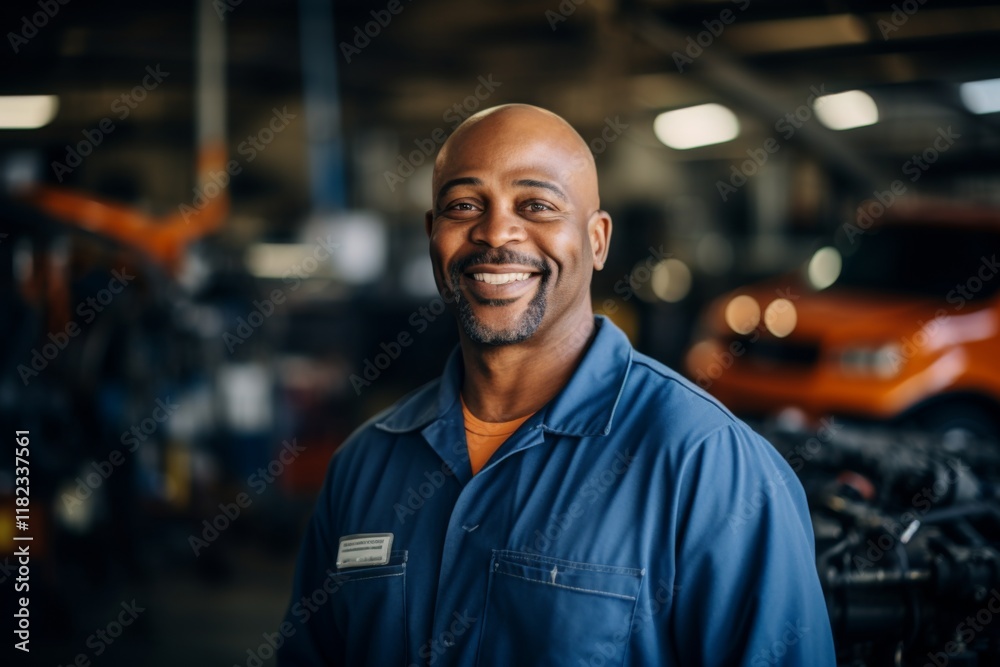 Smiling portrait of a middle aged African American car mechanic in workshop Smiling portrait of a middle aged African American car mechanic in workshop