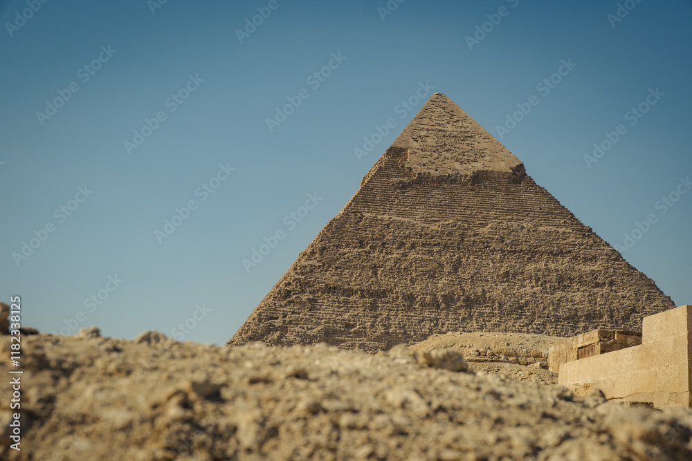 Cairo, Giza, Egypt. View of Great Giza Pyramids in the desert Sahara Cairo, Giza, Egypt. View of Great Giza Pyramids in the desert Sahara