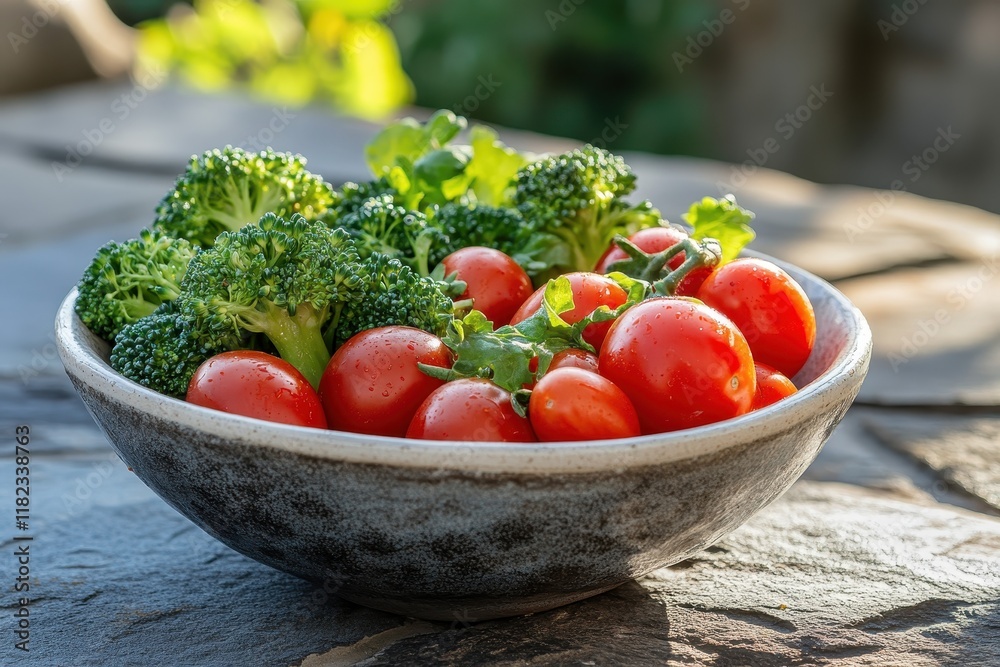 Fresh cherry tomatoes and broccoli arranged in a rustic bowl on a stone surface with natural sunlight highlighting the colors Fresh cherry tomatoes and broccoli arranged in a rustic bowl on a stone surface with natural sunlight highlighting the colors