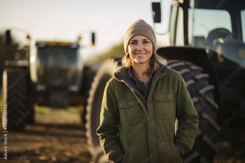 Portrait of a smiling middle aged female farmer standing next to tractor Portrait of a smiling middle aged female farmer standing next to tractor