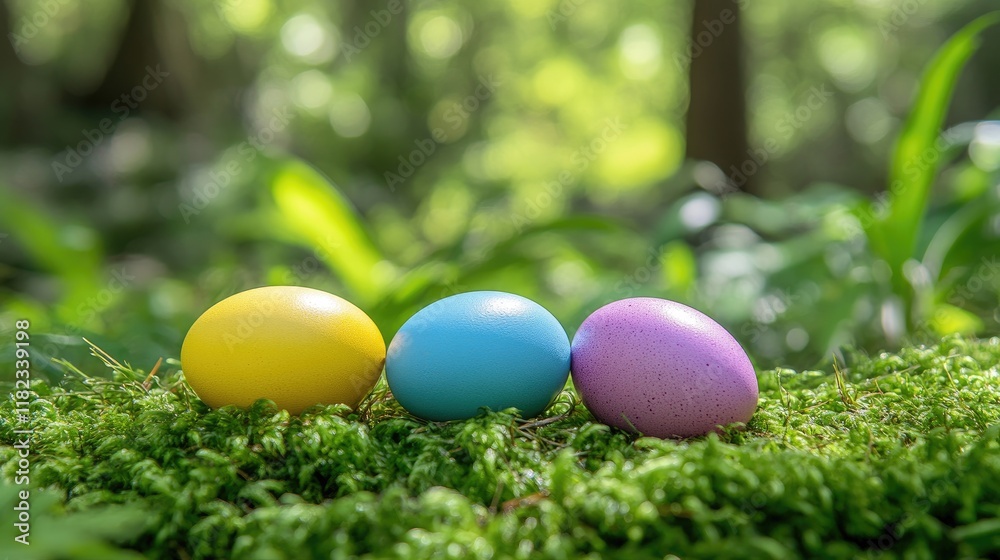 Three colorful Easter eggs resting on moss in a forest setting. Three colorful Easter eggs resting on moss in a forest setting.