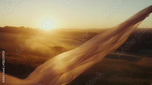 Golden hour fabric flowing gently across a sun-drenched landscape.