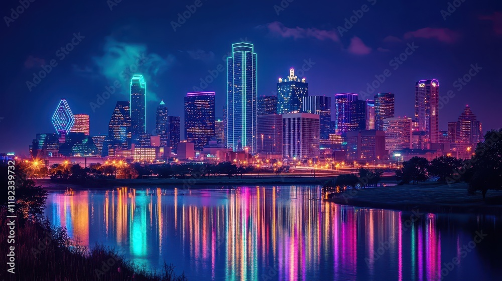 Naklejka premium A picturesque view of a city skyline at night, with colorful lights and skyscrapers, symbolizing urban life and development