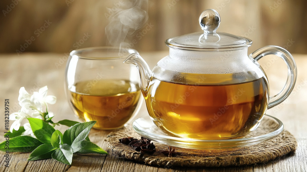 Tetera de vidrio con té verde junto a una taza en ambiente natural Tetera de vidrio con té verde junto a una taza en ambiente natural