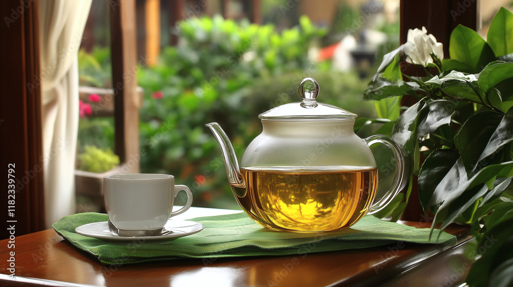 Tetera de vidrio con té verde junto a una taza en ambiente natural Tetera de vidrio con té verde junto a una taza en ambiente natural