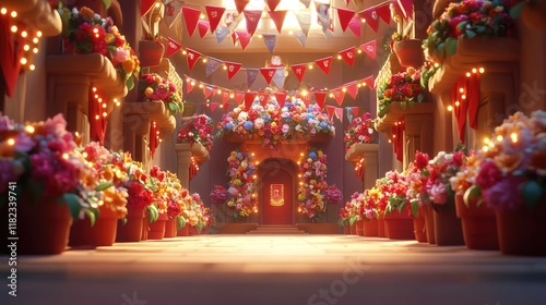 A vibrant pathway adorned with flowers and festive decorations, creating a celebratory atmosphere.