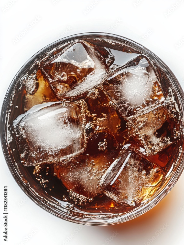 Beverage in a glass filled with ice cubes and carbonated drink served on a light background Beverage in a glass filled with ice cubes and carbonated drink served on a light background