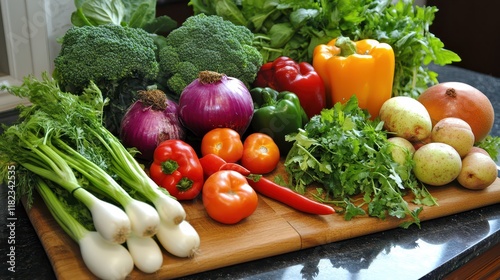 Modern kitchen with fresh vegetables, fruits, and a cutting board, promoting healthy eating habits and lifestyle photo