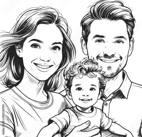 Happy family in continuous line art drawing style. Front view of parents with their little kid holding hands and walking together black linear sketch isolated on white background 1.eps